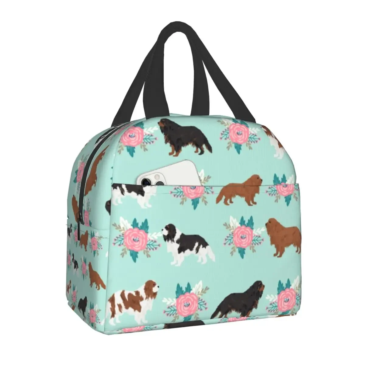 Custom The Cavalier King Charles Spaniel With Flowers Lunch Bag Men Women Warm Cooler Insulated Lunch Box Kids School Children