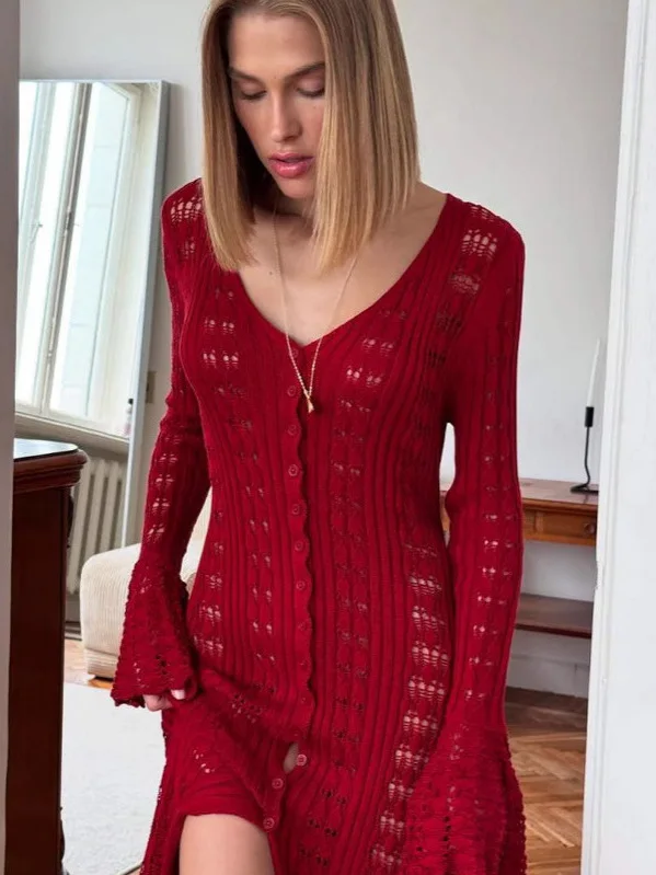 Lange gestrickte Jaet Damen Bell Sve Hollow Out Design Faionable Übergroße Strickjacke Strickwaren Frühling Herbst Saisonale Kleidung