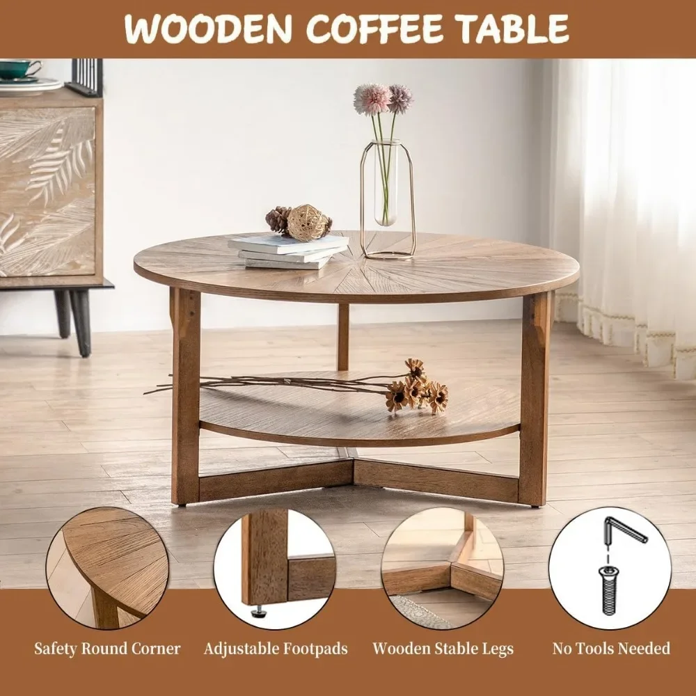 Mesa de madeira redonda para sala de estar, mesa de café de 2 camadas com armazenamento, mesa de café natural rústica para apartamento