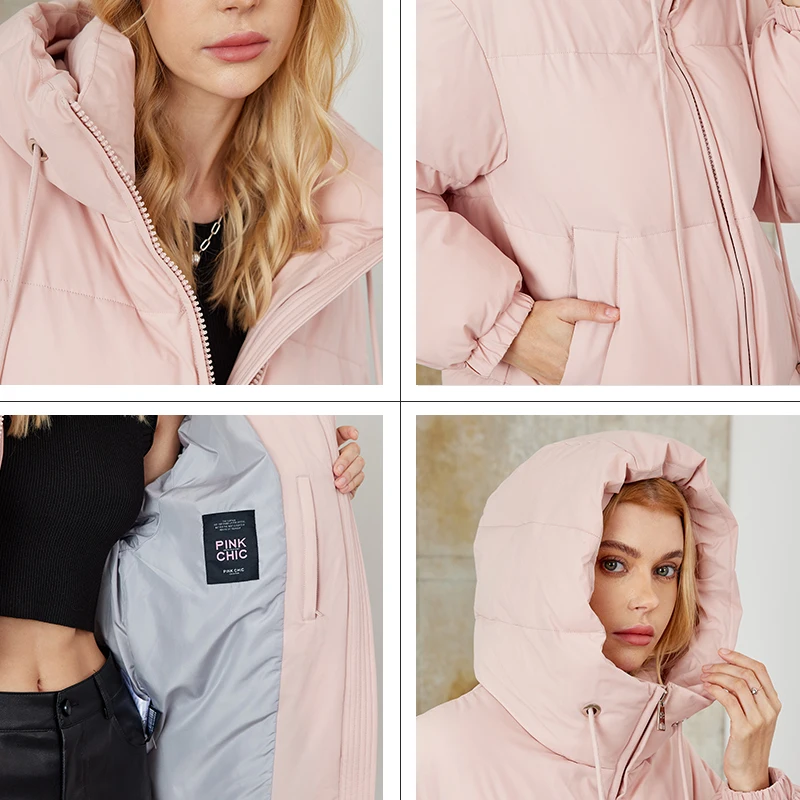 PINK CHIC 2023  New Winter Coat Women Down Jackets Fashion Classic Warm Lace up Hooded short version Parka Female W8271