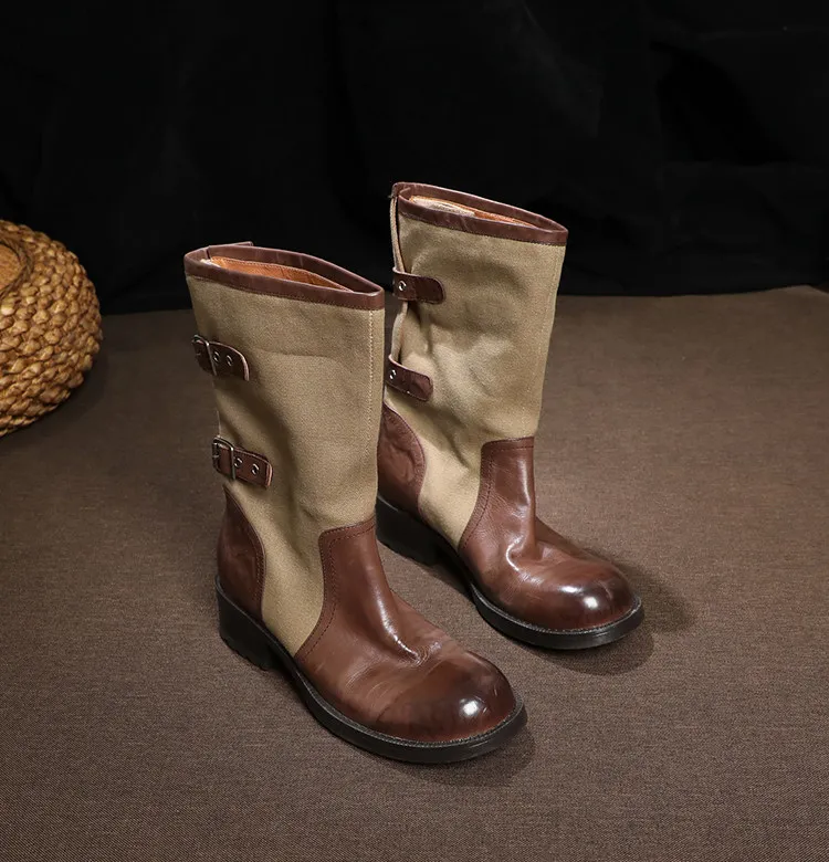 SHOEBOX Retro leather color blocked knight boots for women, 2026 autumn and winter with fleece midsole short boots, round toe