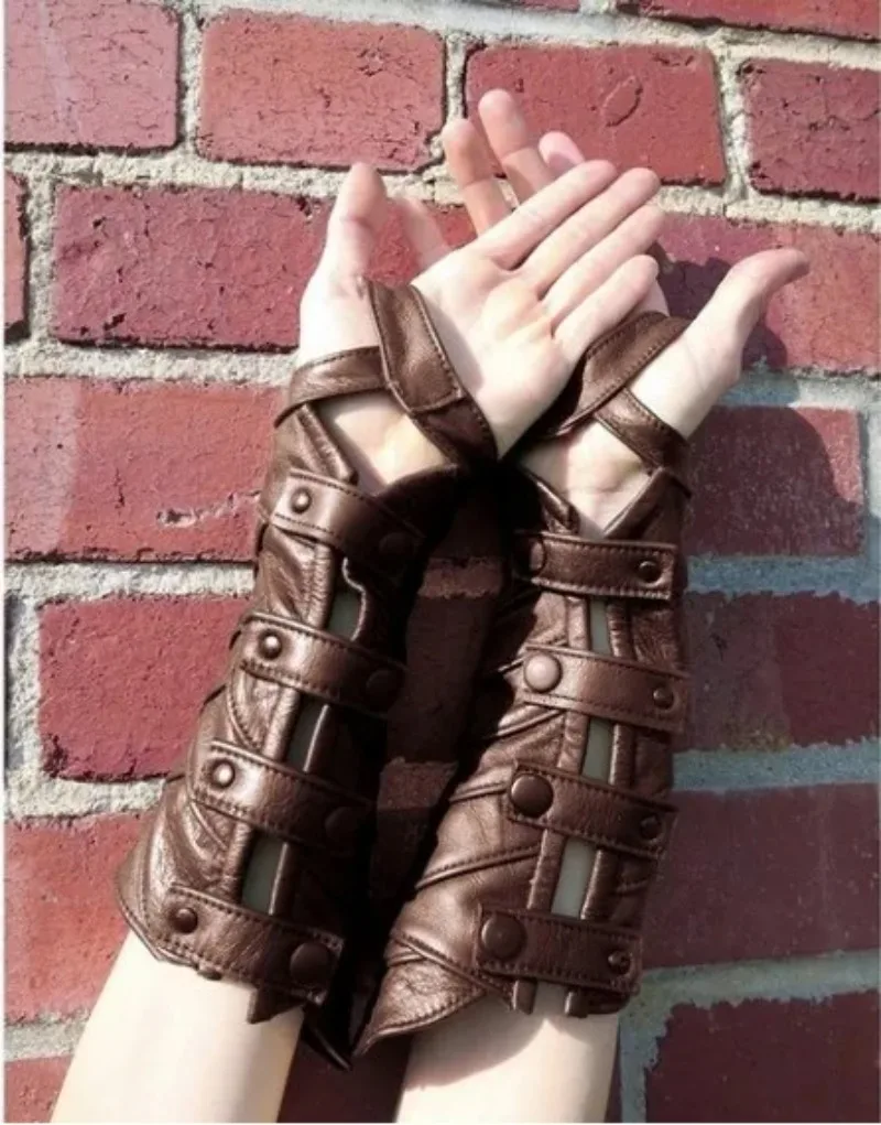 Steampunk Mittelalterliche Lederhandschuhe mit breiten Manschetten, Armschutz für Männer, Kriegerhandschuh, Cosplay, Renaissance Ritter Armband – Detail 1