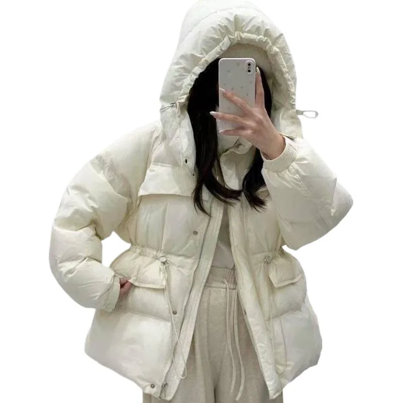 

Зимняя новая повседневная куртка-пуховик с капюшоном больших размеров с эластичной резинкой на талии, универсальный стиль, бренд первой линии для дома с биркой, серый утиный пух