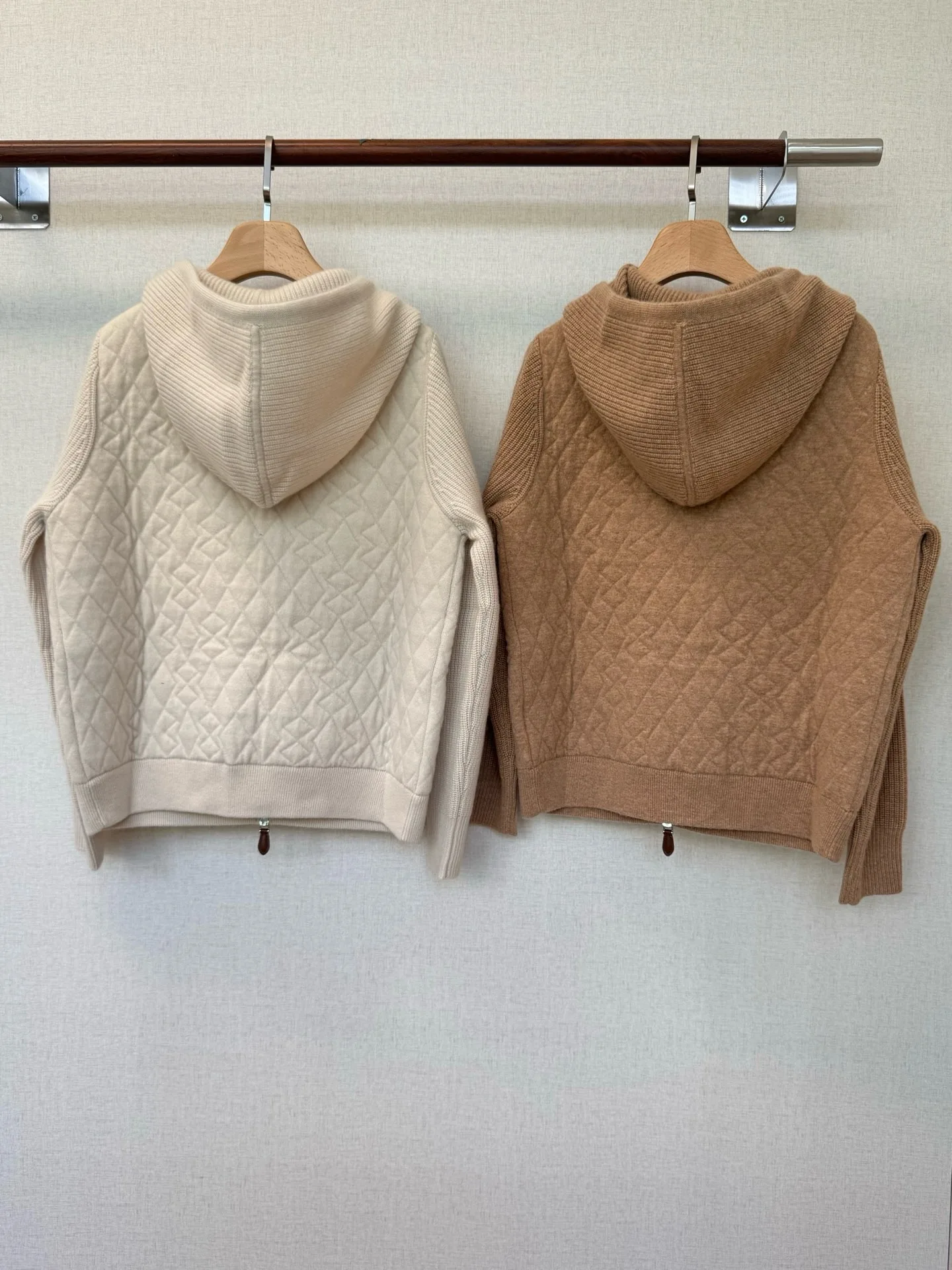 Casual Diamond Quilted Hooded Zip Coat Knit Spliced Long Sleeve Drawstring Hood Jacket For Women