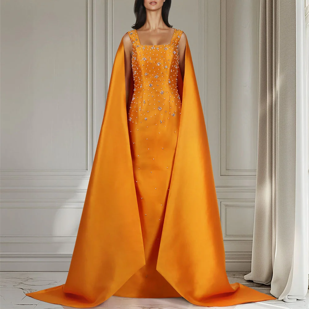 Long Elegant  Evening Dresses 2024 Luxury Boat  Neck Beading  Sparkly Diamond Orange A Line Prom Gala Formal Gowns with Cape