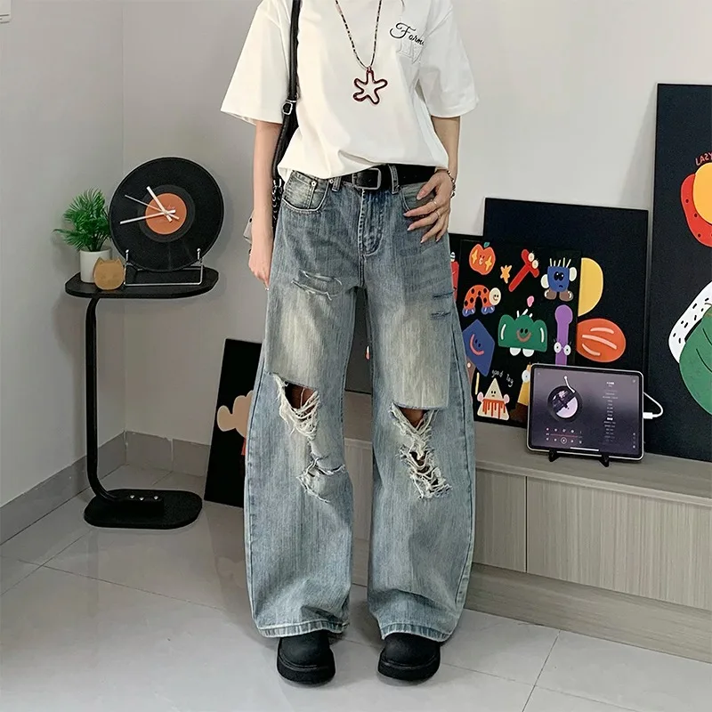بنطال جينز ممزق قديم من الخيزران بنمط أمريكي عتيق للرجال والنساء بنطال مستقيم فضفاض غير رسمي ومتعدد الاستخدامات