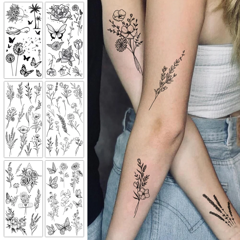 1 Sheet Black Flower Butterfly Temporary Tattoos For Women Men Wild Plant Fake Tattoo Sticker Adults Face Hands Body Art Tatoo