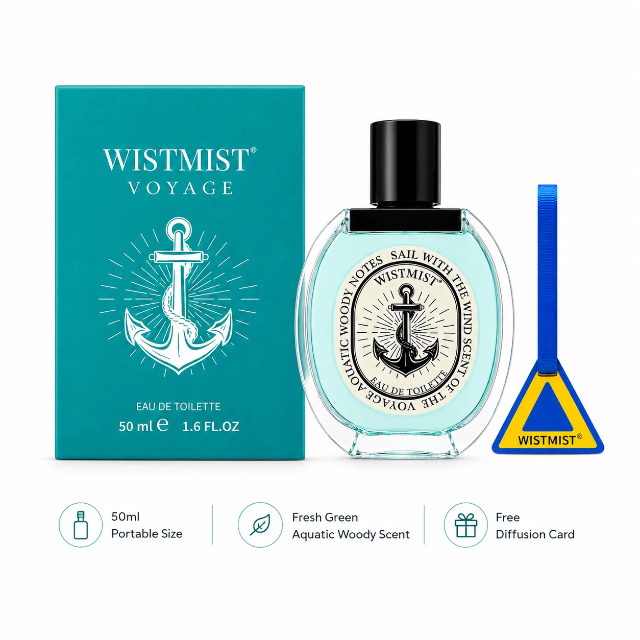 WISTMIST VOYAGE Men Eau De Toilette 50ml Fresh Green Aquatic Woody Scent Portable Marine Cologne Spray Dual Use Skin & Closet Car With Free Diffusion Card Daily Travel Perfume For Men view 7