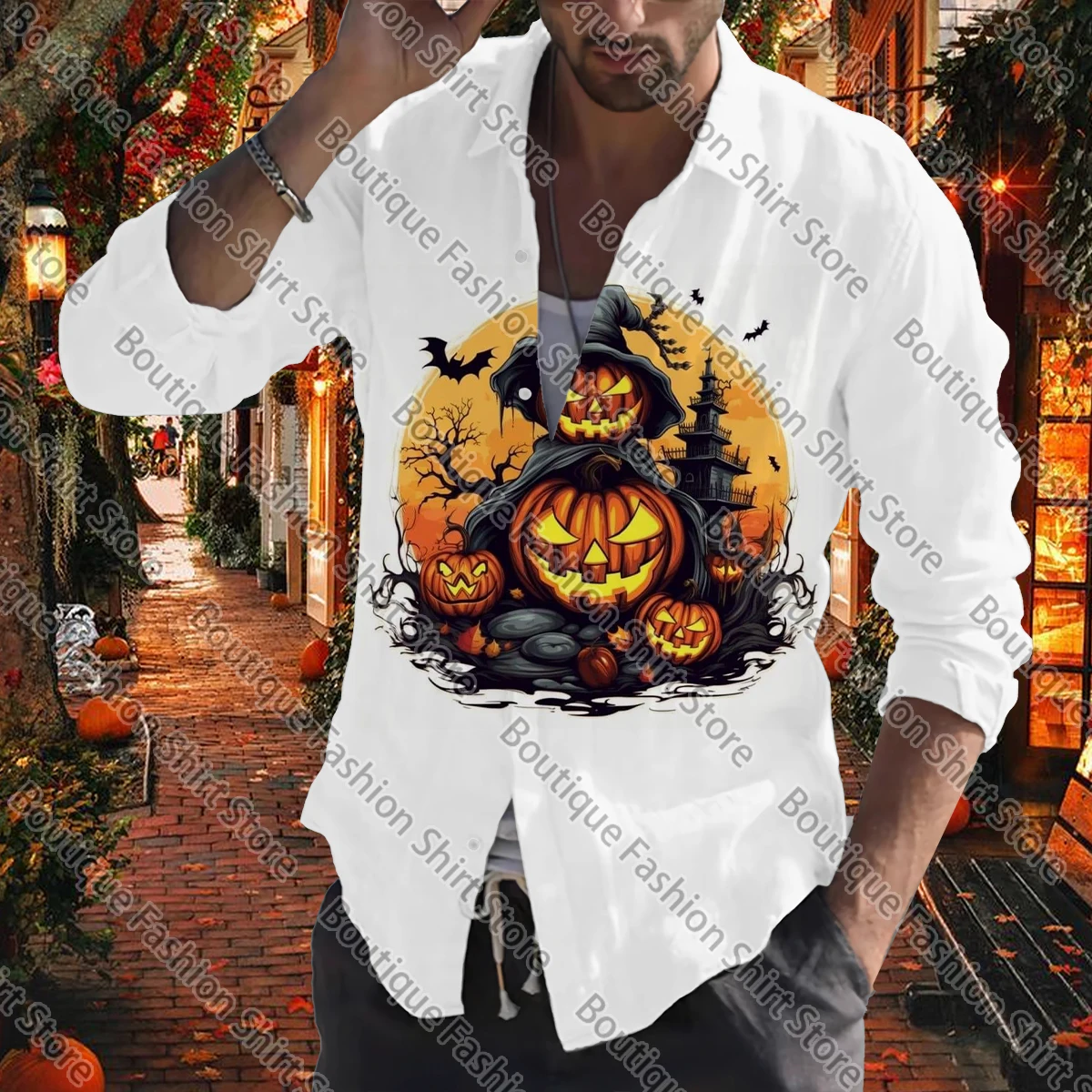 Camisas de Halloween para hombres, top de fiesta al aire libre de calle, botones de manga larga, solapa, suave y cómodo, Otoño e Invierno