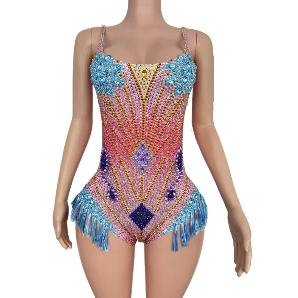 Sparkly Rhinestones Tassel Strip Bodysuit Women Sexy Show Performance Dance Costume Nightclub Outfit Singer Dancer Stage Wear