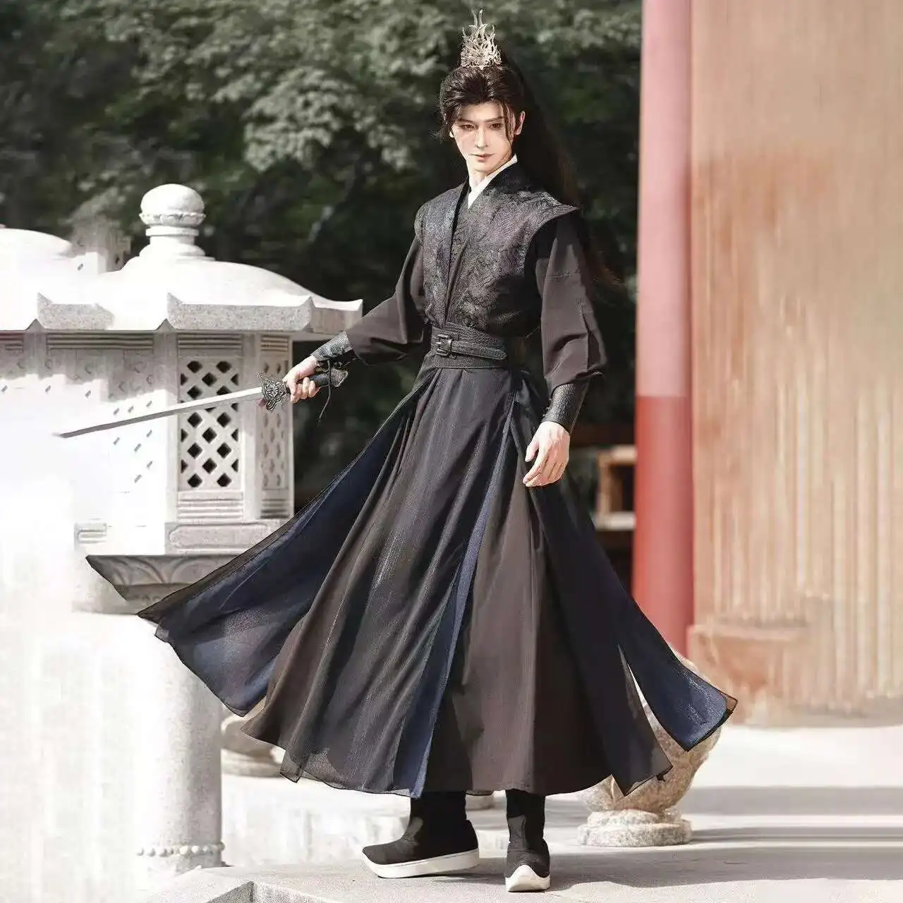 

Cool Black Men's Jaquard Hanfu Dark Night Series Swordsman Cosplay Costume Vintage Men Women Halloween Event Stage Street Suit