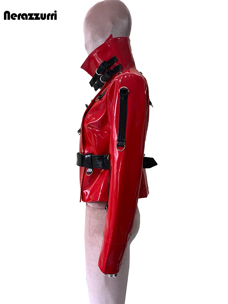 Nerazzurri otoño corto rojo y negro Patchwork brillante reflectante Pu chaqueta de cuero mujeres diseñador de lujo Emo ropa de calle moda