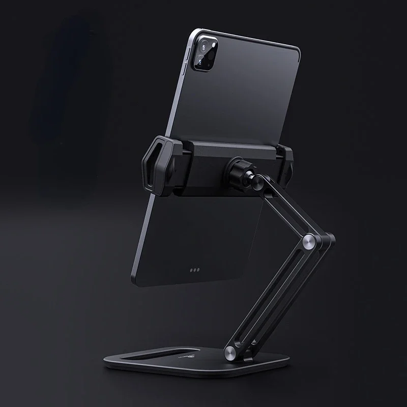 Long Arm Aluminum Alloy Tablet Stand Adjustable Folding Stand Ergonomic 360°Rotatable Tablet and Phone Clamp Mount Holder