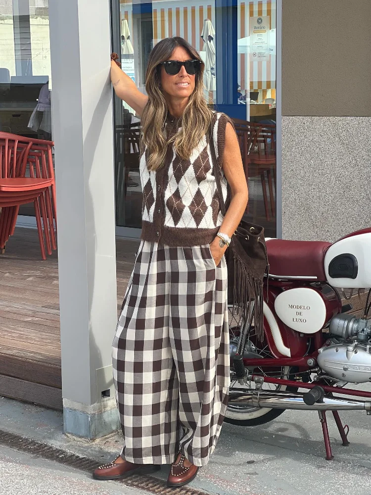 

Черно-белые клетчатые брюки в стиле ретро, женские модные широкие брюки с высокой талией и прямыми штанинами, 2025 г., женская повседневная уличная шикарная одежда