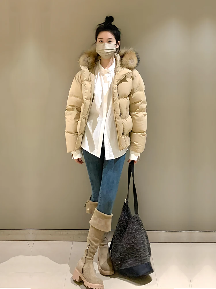 Manteau court rembourré kaki pour femme, veste en coton, grand col en fourrure, vêtements de travail, Parka à capuche, nouvelle collection hiver 2025