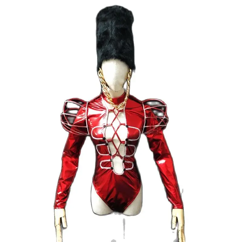 Nightclub Dj Ds Pole Dance Clothing Gogo Dancer Costume Red Patent Leather Cutout Bodysuit Black Plush Hat Stage Outfit XS4182