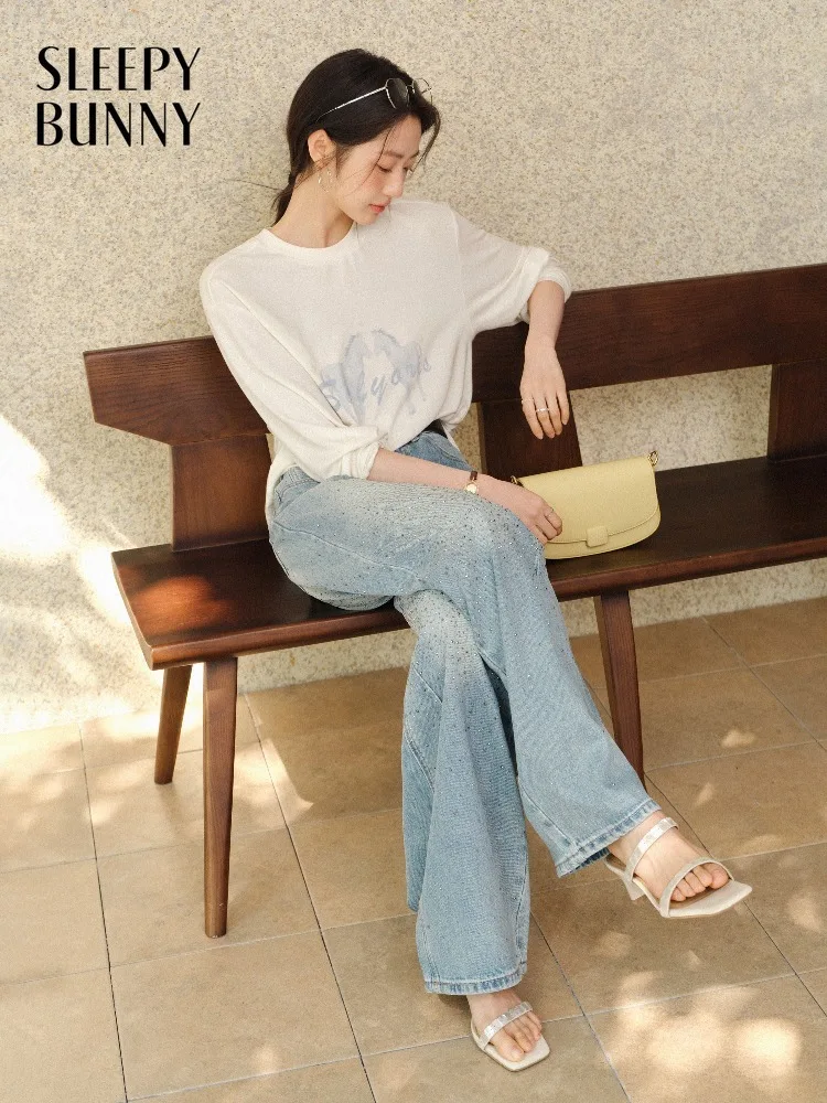 Women Pastel Pony Print Loose T Shirt Lady Spring Casual Versatile Round Neck Top Soft Daily Wear Blouse for Effortless Style
