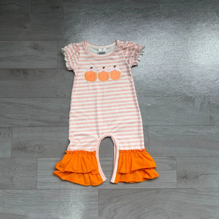 Wholesale Kids Newborn Coverall Bodysuit Baby Girl Toddler Thanksgiving Children Embroidery Pumpkins Bows Stripes Orange Romper