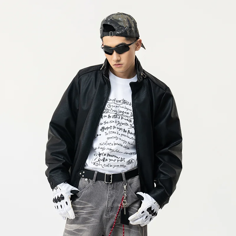 

Men's PU Leather Jacket Korean Style Trendy Stand Collar Motorcycle Suit Work Jacket Top