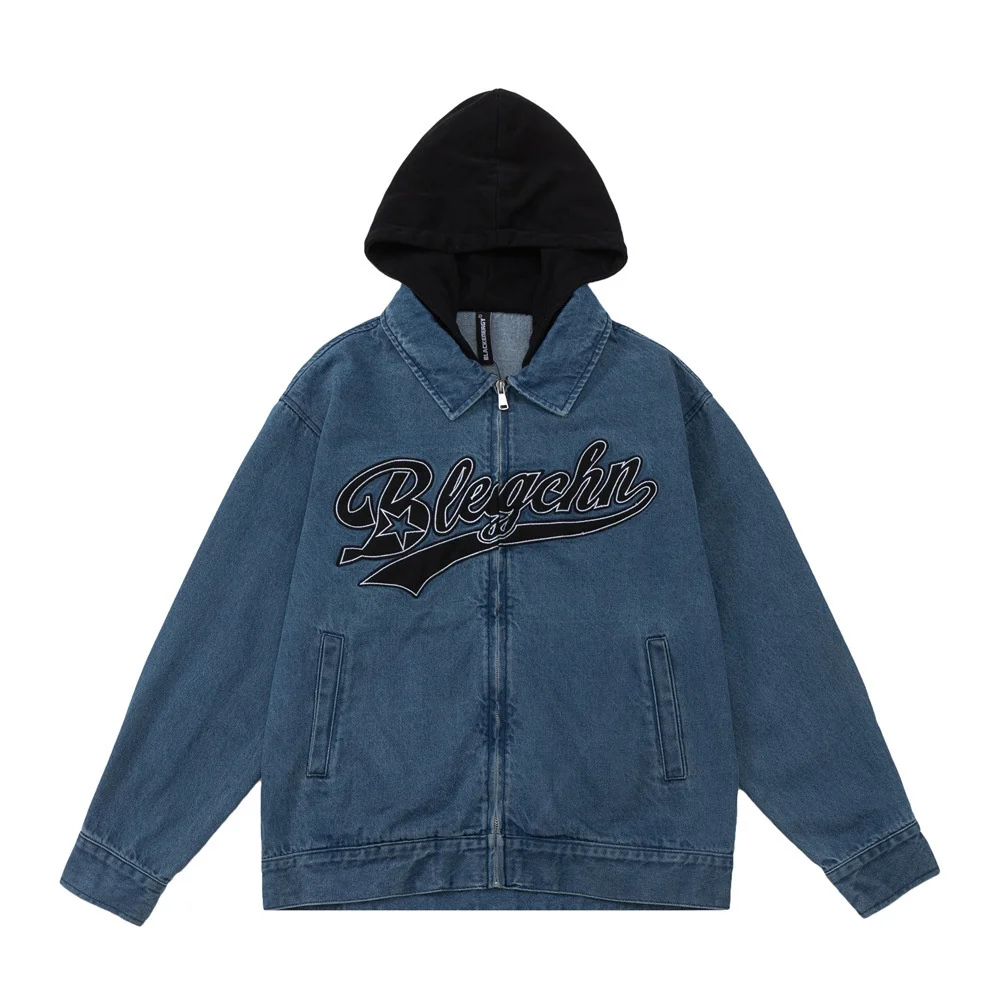 

Fake two Piece Letter Embroidery Patchwork Hooded Denim Jacket Mens Washed Blue Loose Zipper Jeans Coat Men