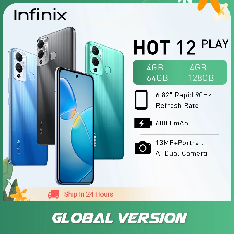 Global Version Infinix Hot 12 Play 4GB 64GB Smartphone 6000mAh Battery 6.82'' HD+ Display Helio G35 Android 11