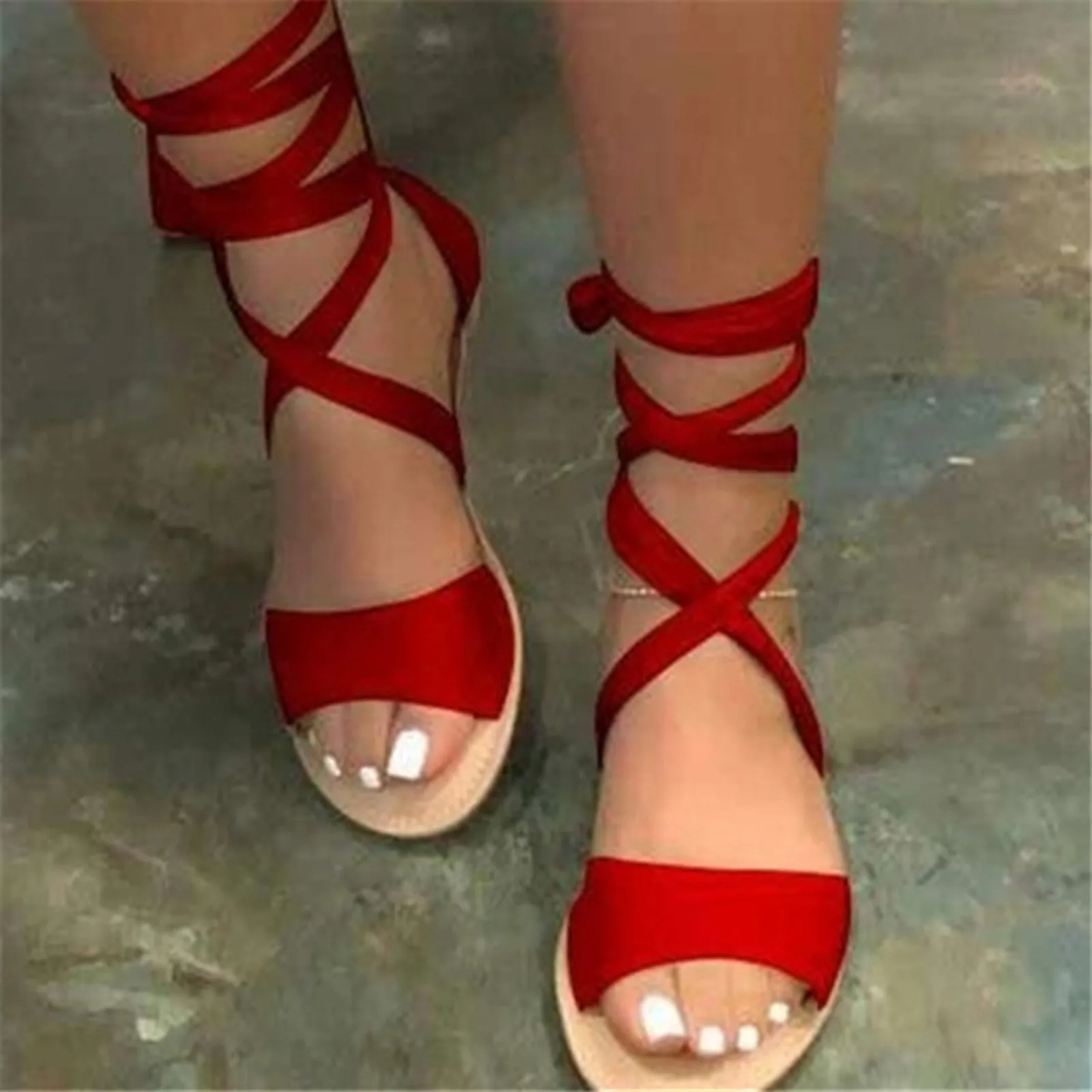 Casual Roman Style Women's Flock Sandals 2024 Summer Fashion Ankle Cross Strap Flat Beach Open Toe Dress Daily Comfy sandalias