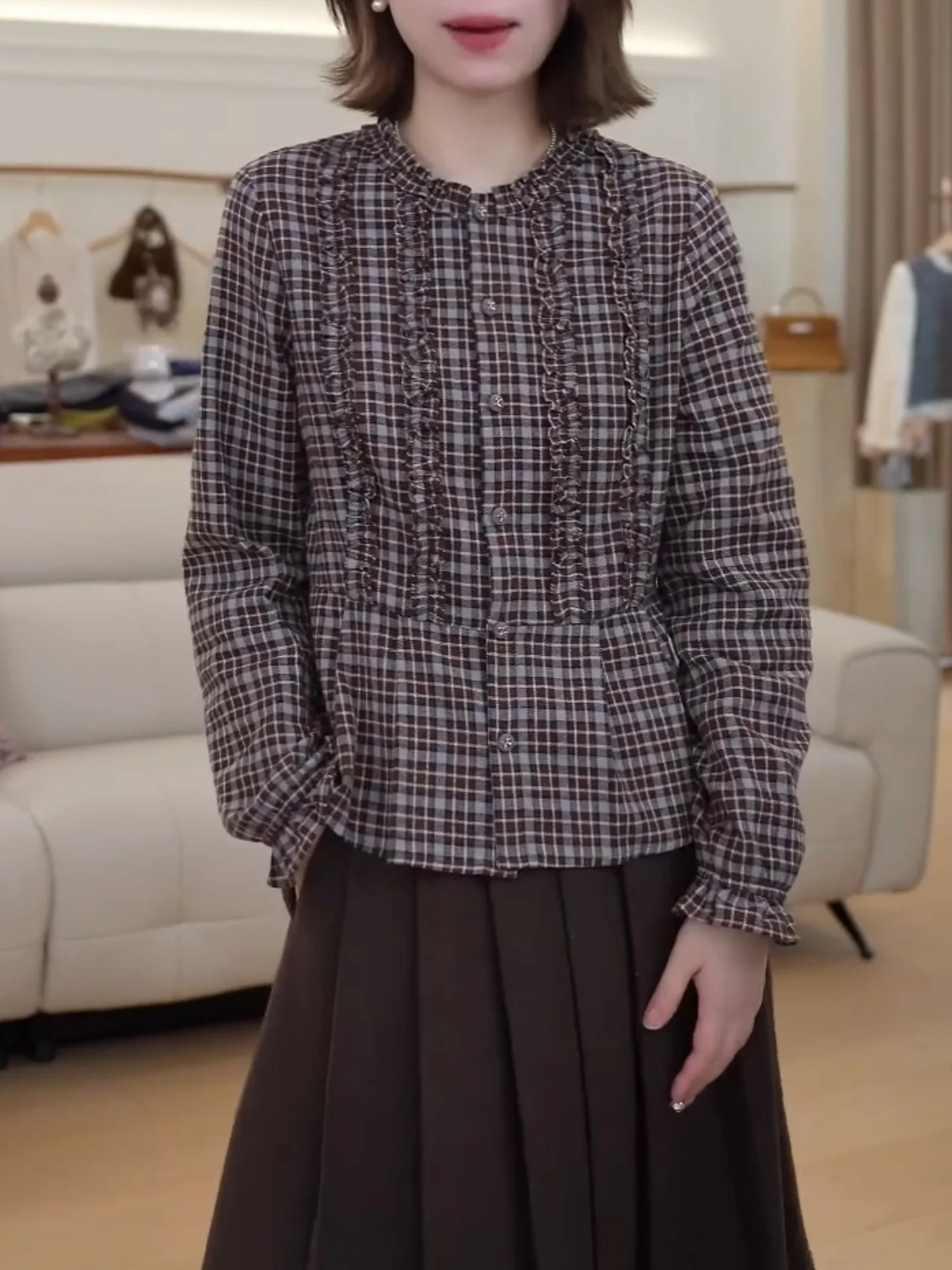 

Korean Sle Plaid irt Women's Autumn Winter Faion Slimming Versatile Top Large Size High Quali Casual Long Sve roun...