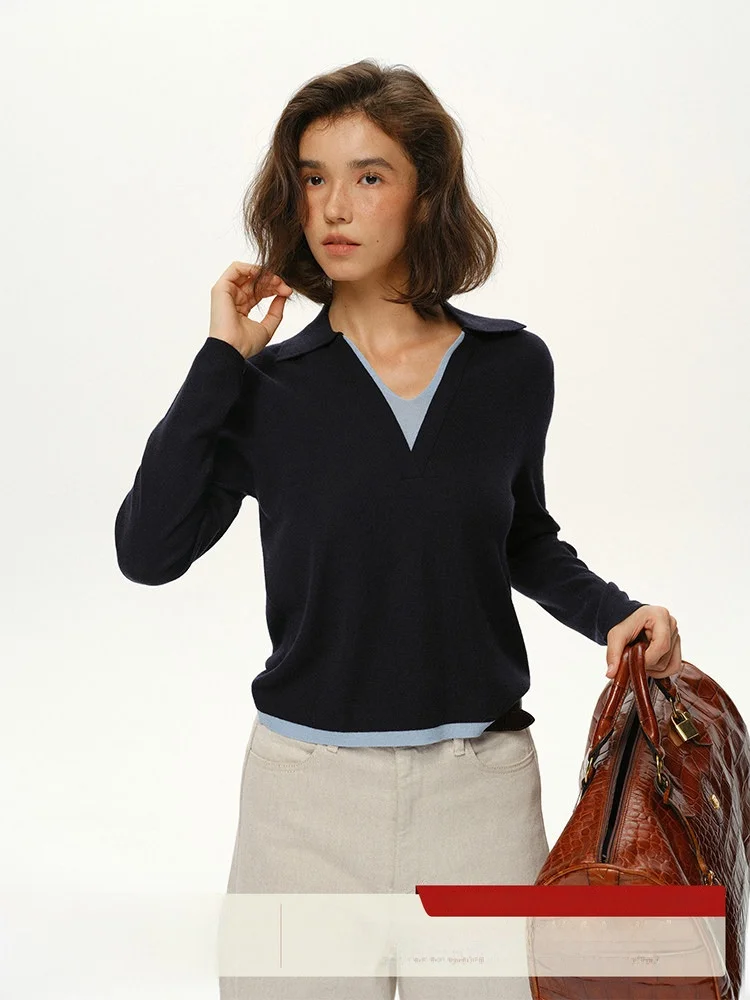 

V-Ne Knitted Sweater Women's Color Blo Fake Two-Piece Crew Ne Long Sve Slimming Versatile Top New Arrival