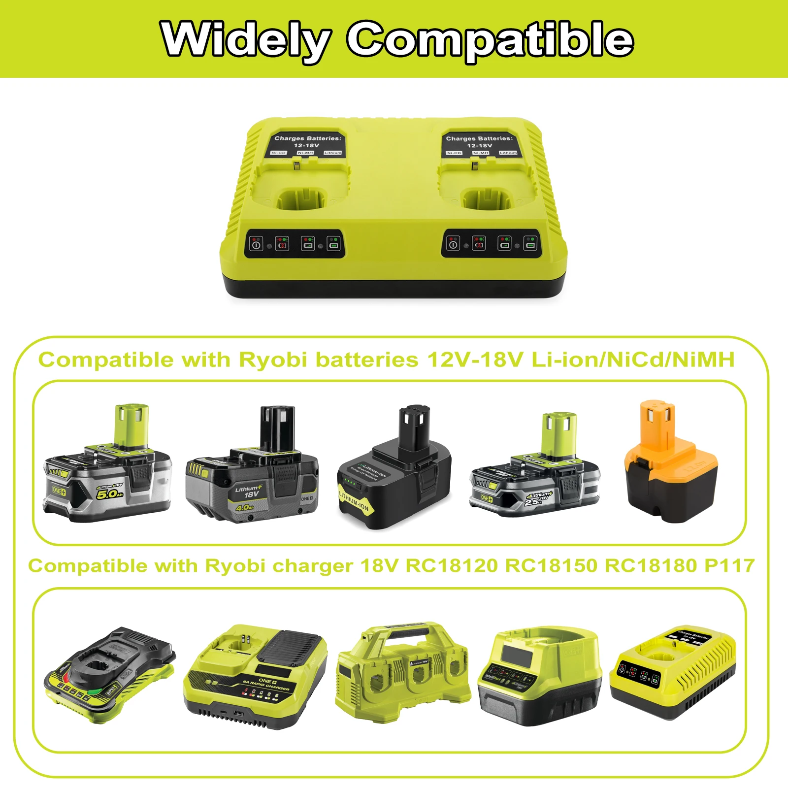 P117 For Ryobi 18V 3A Dual Ports Battery Charger Compatible for Ryobi 12V-18V Lithium Battery P107 P108 P109 P102 P104