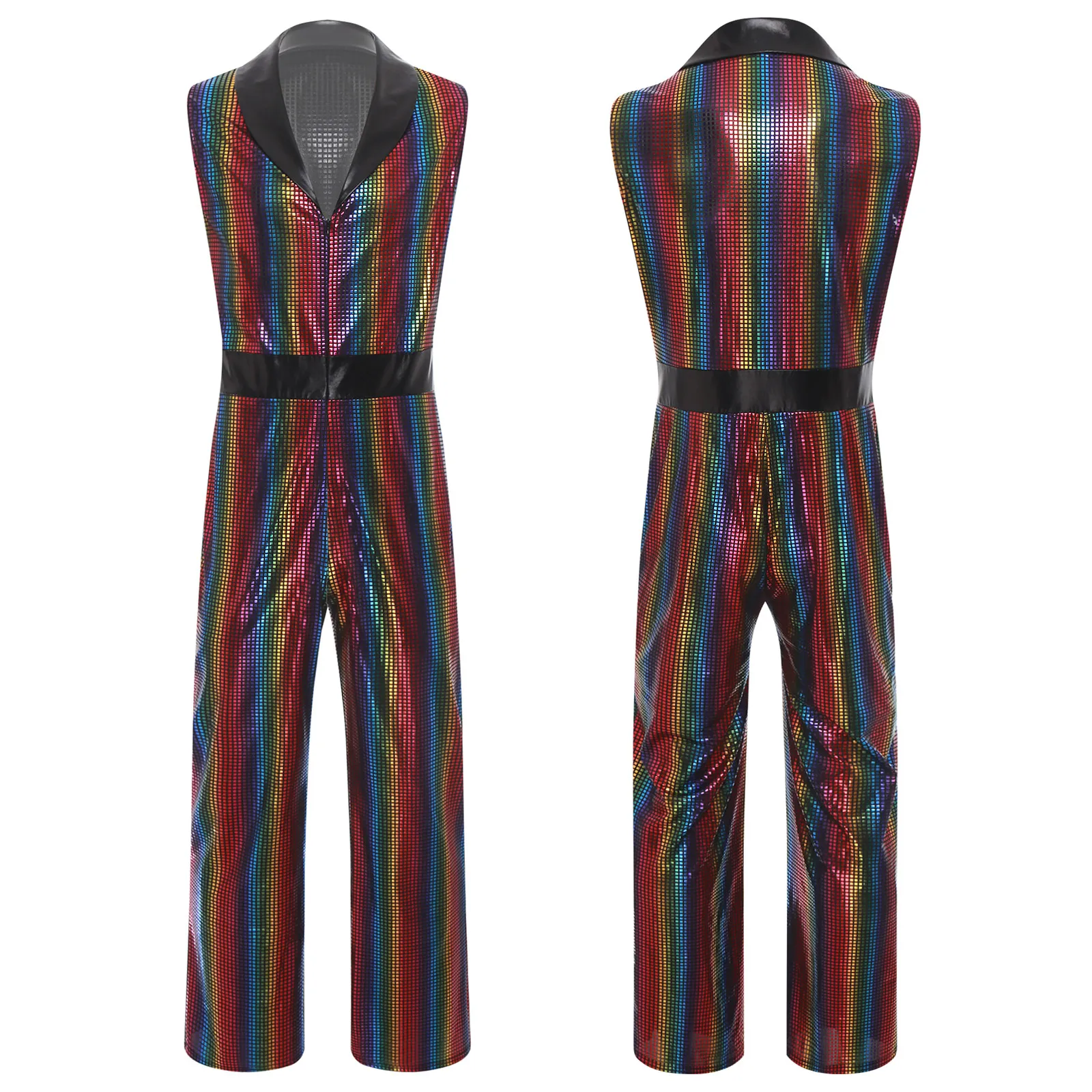 남성용 레트로 80년대 90년대 디스코 점프수트, 라펠 V넥 민소매 와이드 레그 바디수트, 메탈릭 샤이니 플래드 롬퍼, 레이브 파티 클럽웨어