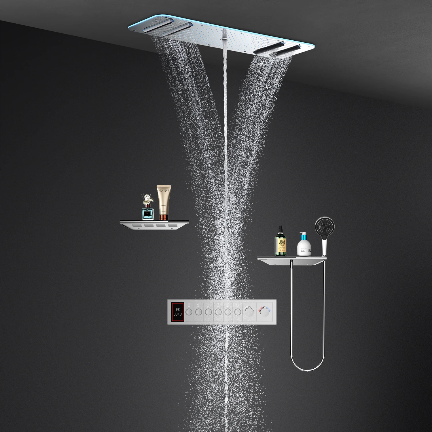 Bathroom LED Shower Set 900*300mm Ceiling Rainfall Waterfall Shower Head Thermostat Mixer Valve Faucets System With Waist Spray