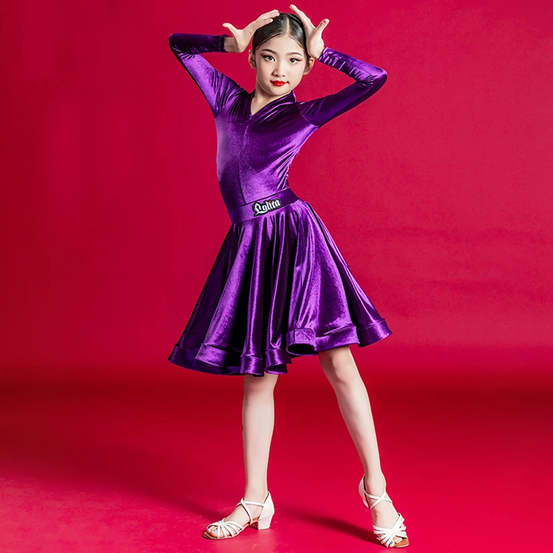 110-170cm Velvet Kids Latin Dance Costume Adult Professional Competition Girls Large Swing Dance Dress Latin Performance Wear