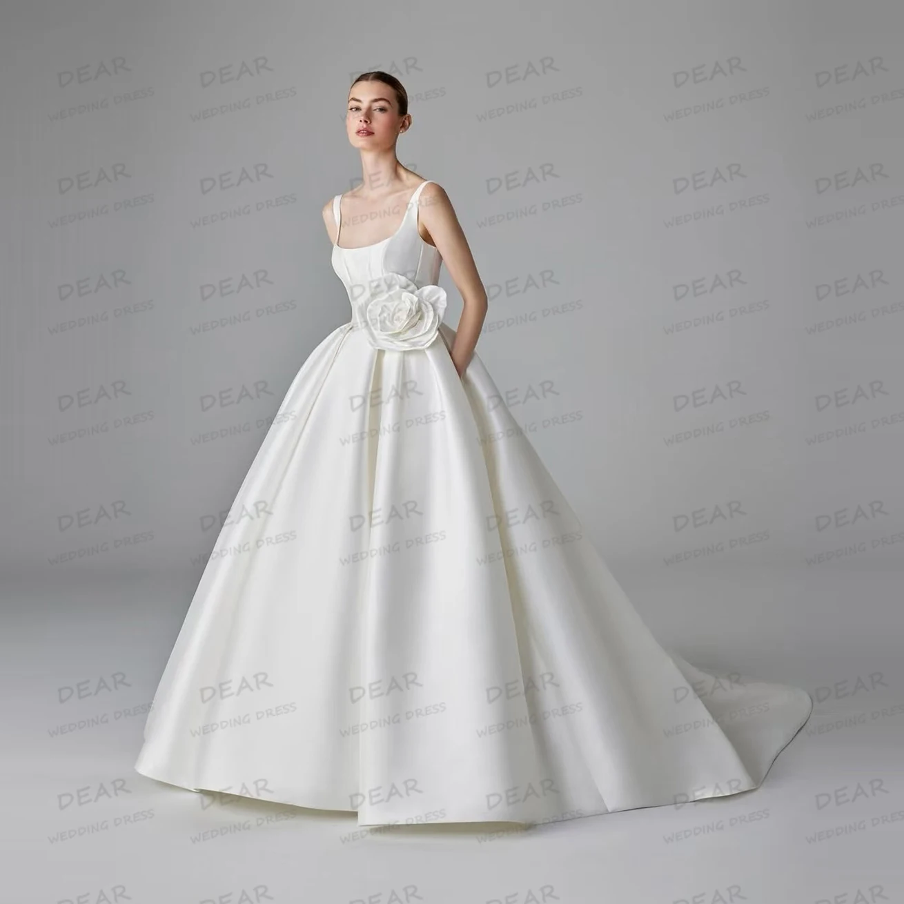 Simple Wedding Dresses Sexy Women's A Line Flowers Bridal Gowns Sleeveless Satin Backless Formal свадебное платье Customized