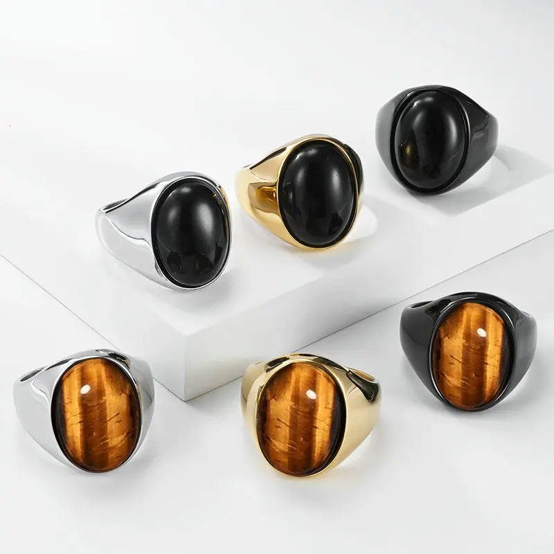 Men's Stainless Steel Oval Egg Shaped Tiger Eye Stone Trendy Ring High-End Artistic Niche Jewelry