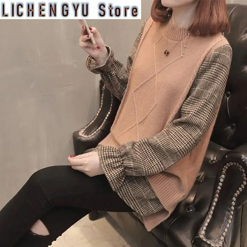 Modna bluzka damska w kratę z dekoltem O-neck, imitacja dwóch części, luźna, codzienna, uniwersalna koszula w stylu koreańskim, nowość na jesień.