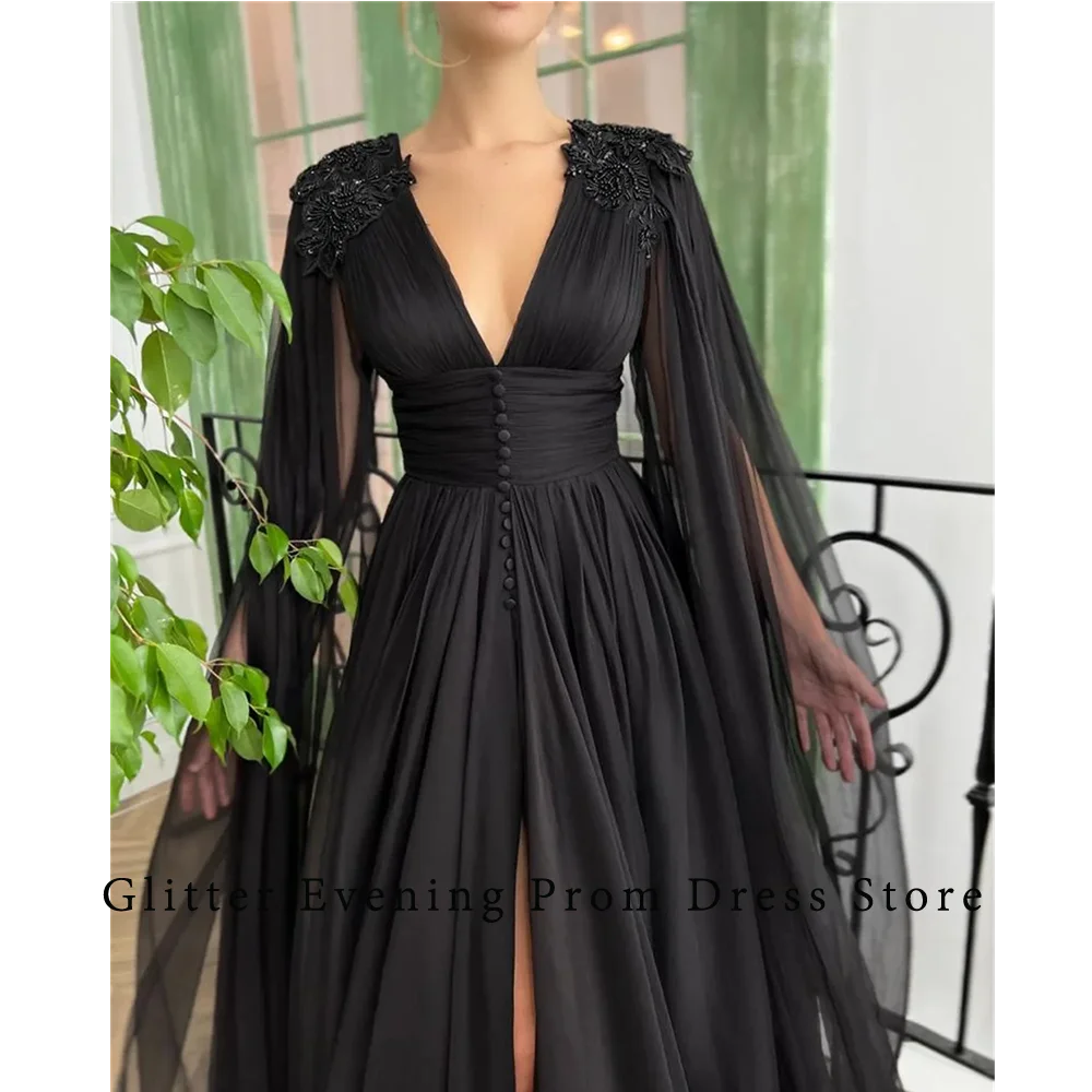 2024 Simple Black Prom Dresses For Women A-Line V-Neck Pleat Backless Appliques Chiffon Custom Made Birthday Evening Party Grows