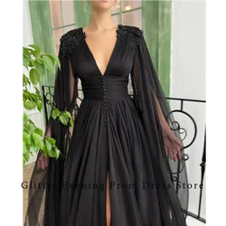 2024 Simple Black Prom Dresses For Women A-Line V-Neck Pleat Backless Appliques Chiffon Custom Made Birthday Evening Party Grows