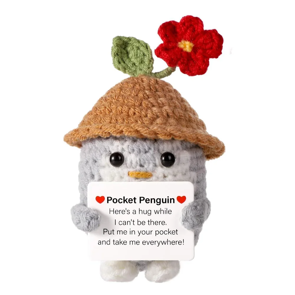 Positive Energy Penguin Hug Pocket Mini Handmade Plush Wool Knitting Doll With Card Funny Christams Gift Home Room Decoration