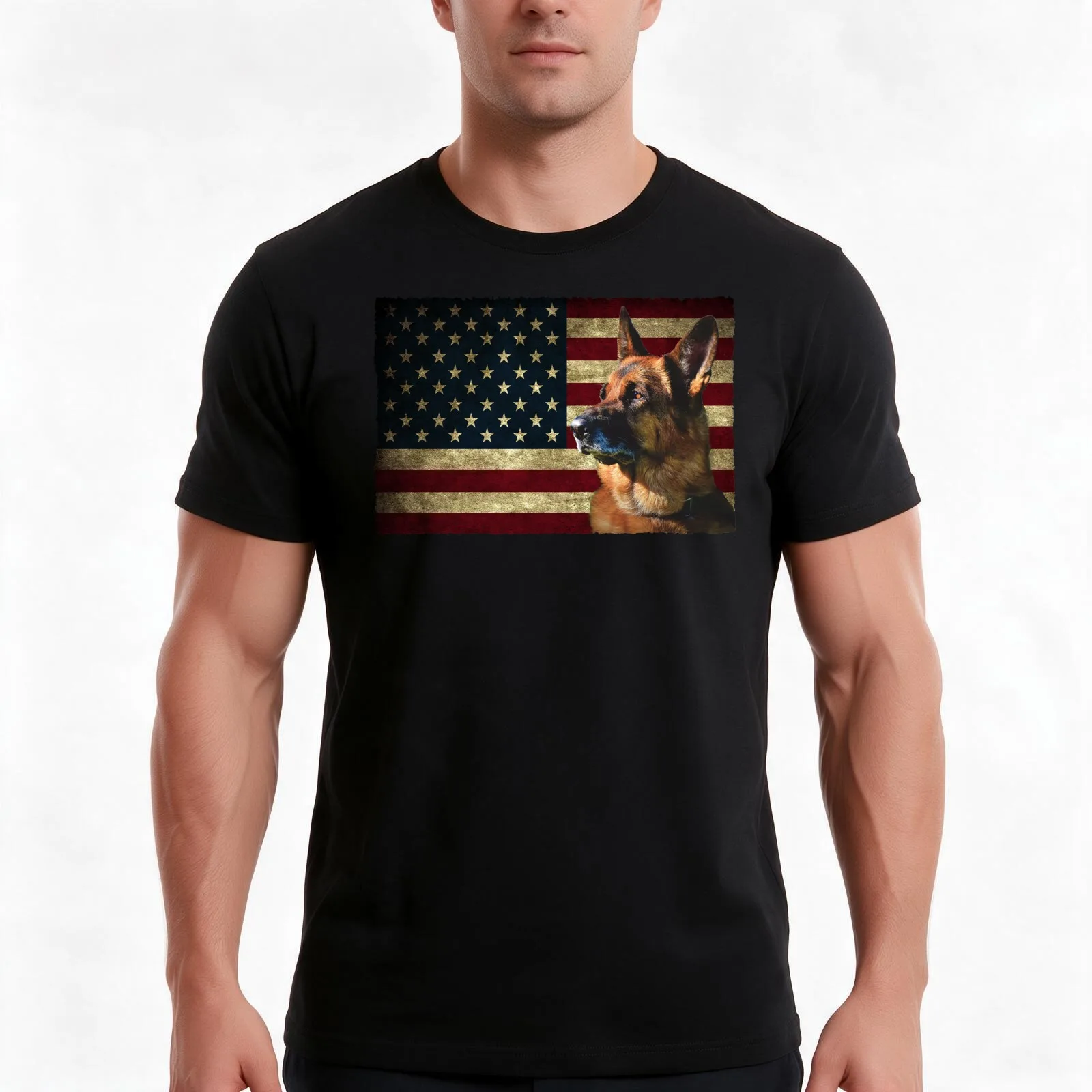 German Shepherd face American Flag lover 4th of July gift GS dog dad GSD Dog mom T-Shirt, Summer Casual Cotton Tee, 100% Cotton