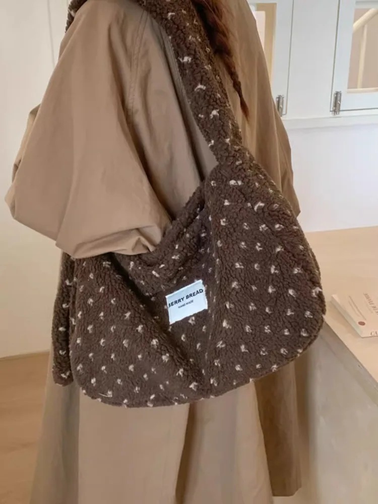 

Корейская сумка-кроссбоди из овечьей шерсти в горошек, женская сумка-тоут на плечо, мягкая полиэстеровая сумка с магнитной застежкой, для повседневного использования