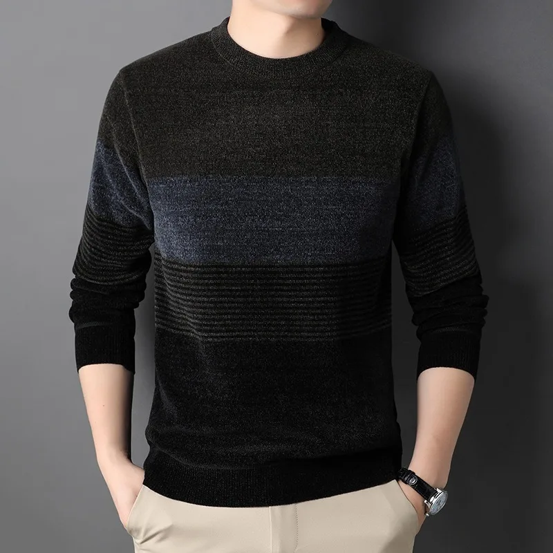 Pulôver de pelúcia gola redonda masculino, suéter solto de malha, espessado e quente, listras com cores contrastantes inferior, outono e inverno