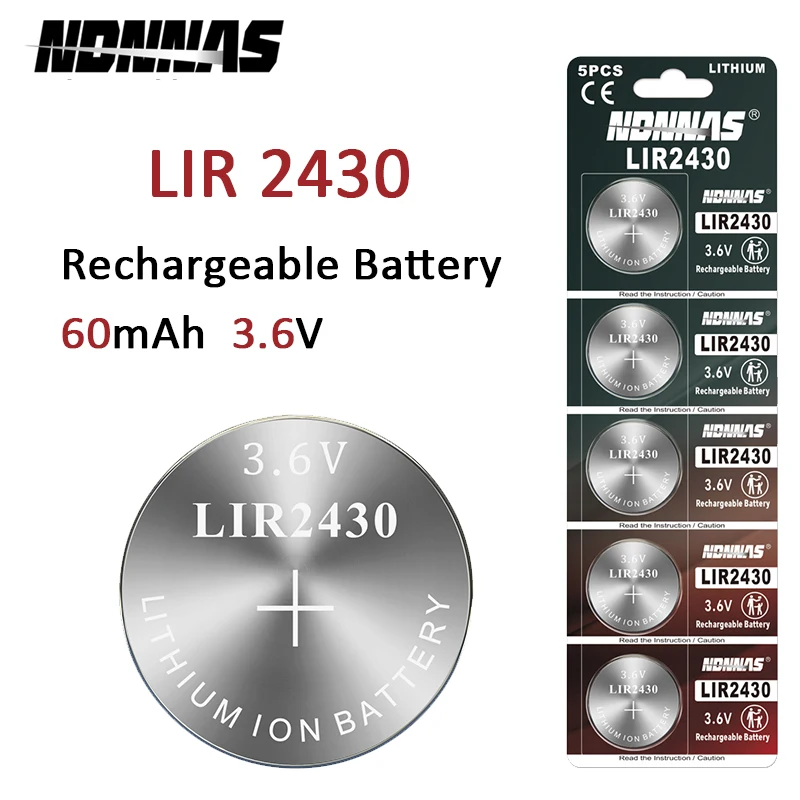 3.6V 60mAh LIR2430 LIR 2430 Rechargeable Li-ion Cell Coin Button Battery Replace for CR2430 PD2430