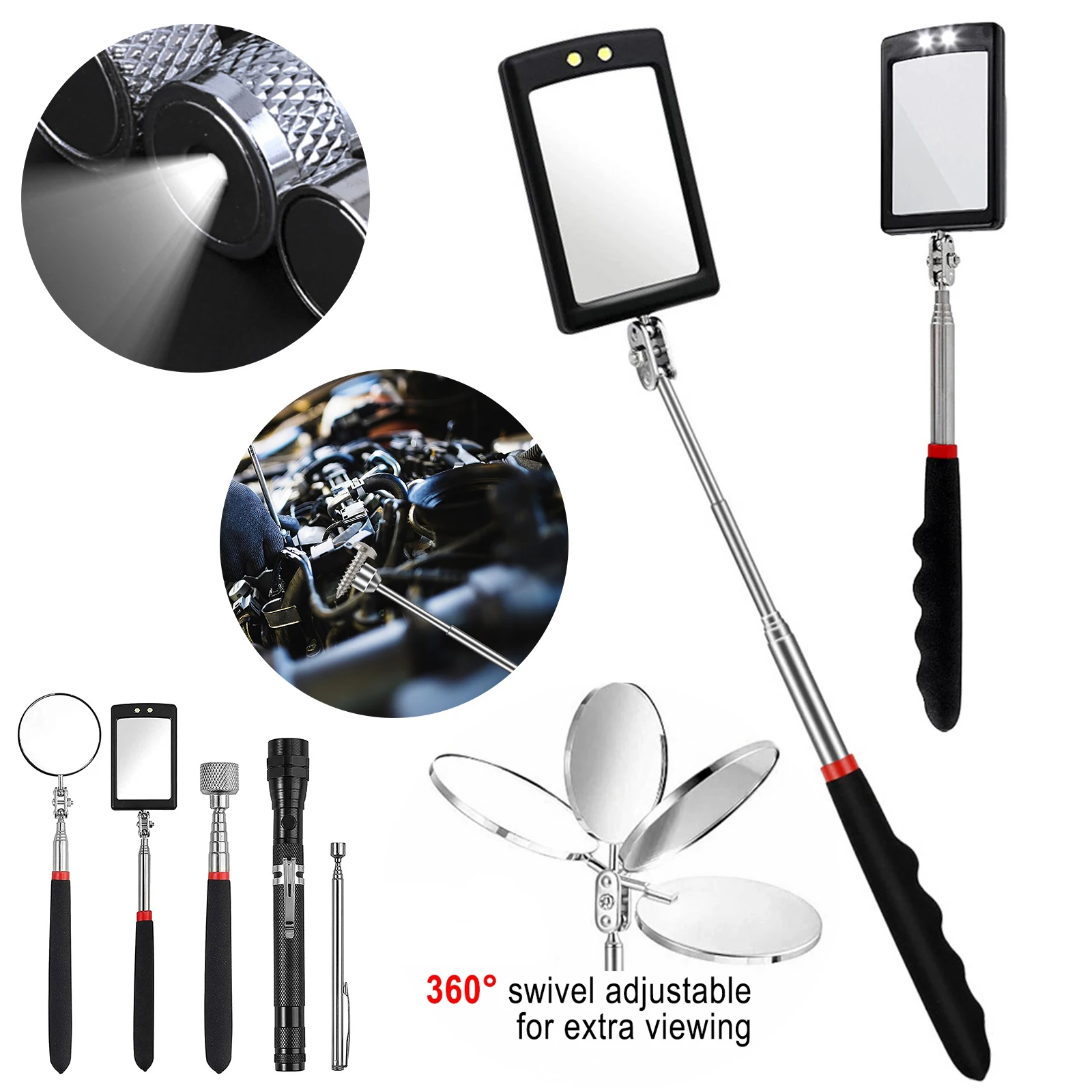 

Car Inspection Mirror Portable 360 Degree Adjustable Telescoping Flexible Head with LED Light Swivel Viewing Auto Repair Tools