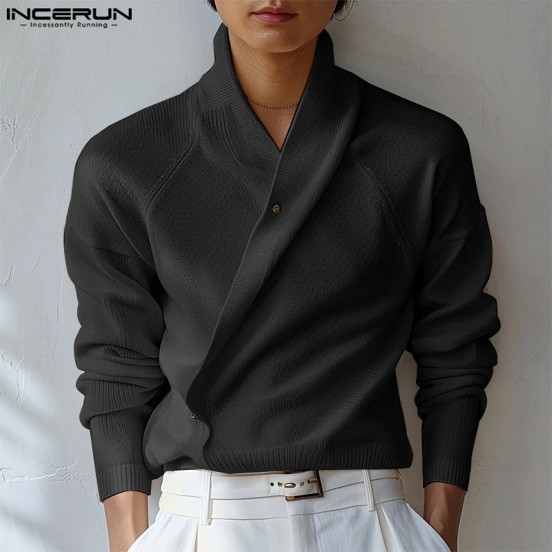 2024 INCERUN Men Tops American Fashion Long Sleeve Pullovers Casual Solid Elegant Coats Well Fitting Male Button Sweaters S-3XL