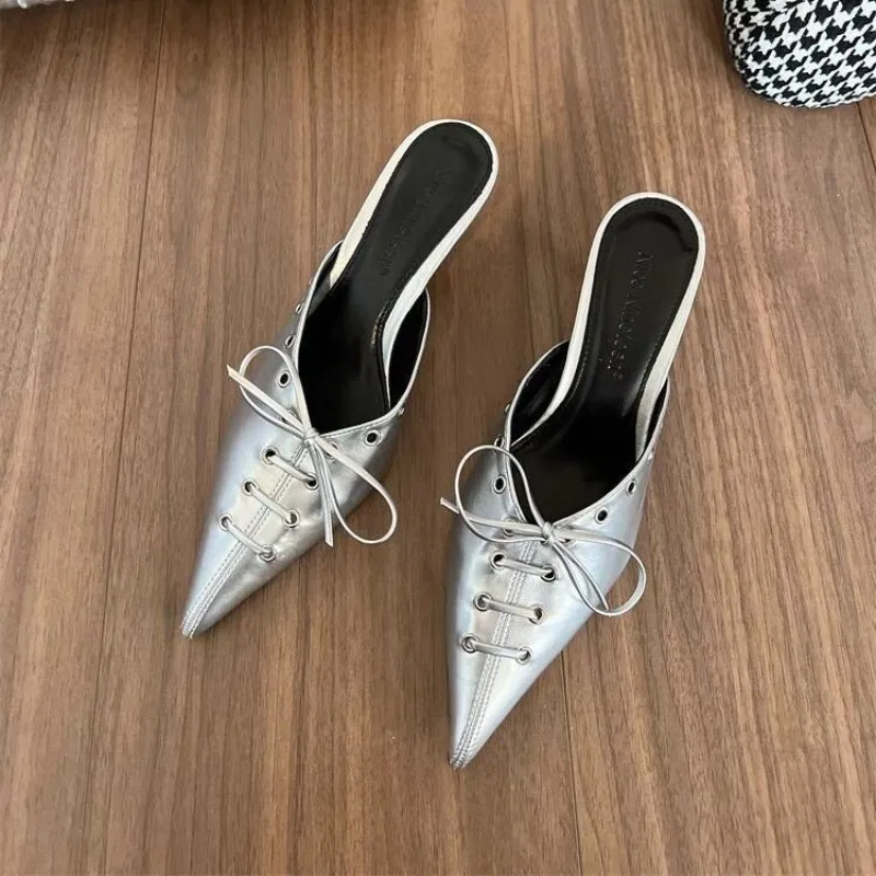 Fashion Lace Up Pumps Slides Women Medium Heels Mules Shoes New 2024 Female Pointed Toe Footwear 4cm Heels Ladies Shallow Shoes