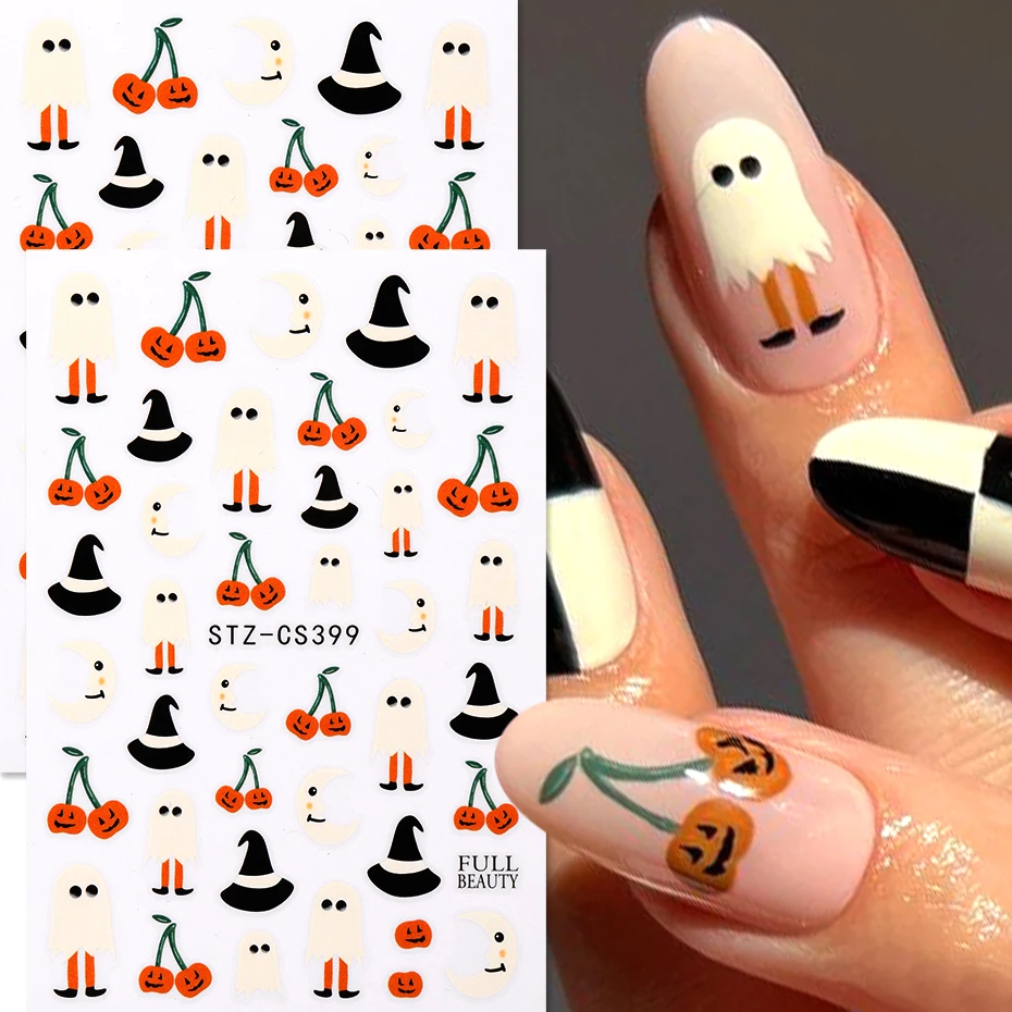 Halloween Stickers for Nails Cartoon Ghost Pumpkin Hat Design Nail Art Decals Spooky Autumn Decoration DIY Manicure Accessories