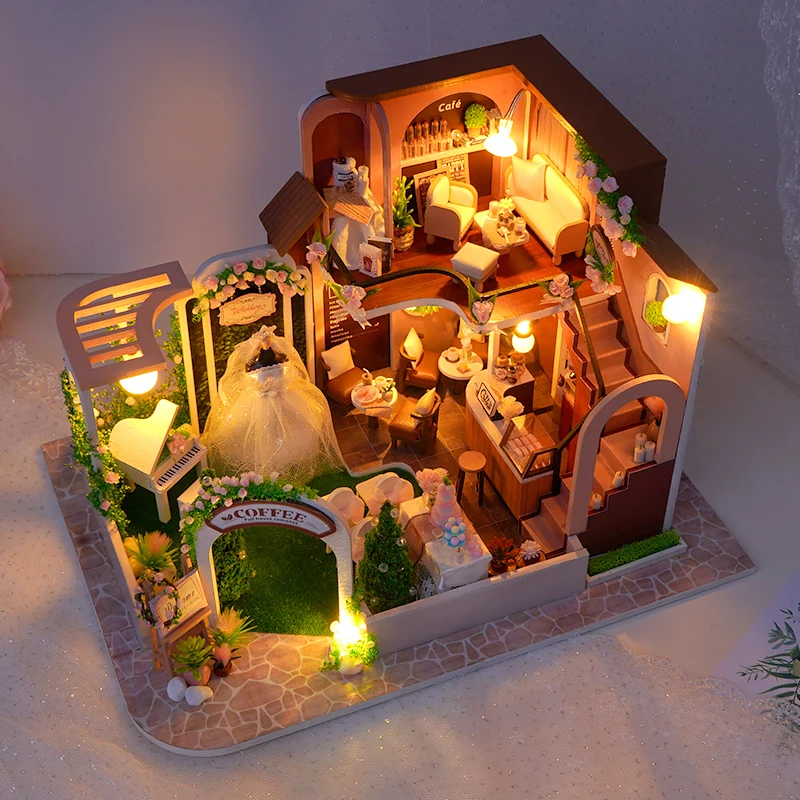 DIY Wooden Doll Houses Wedding Coffee Shop Casa Miniature Building Kit Villa Dollhouse with Furniture Led Light for Girls Gifts