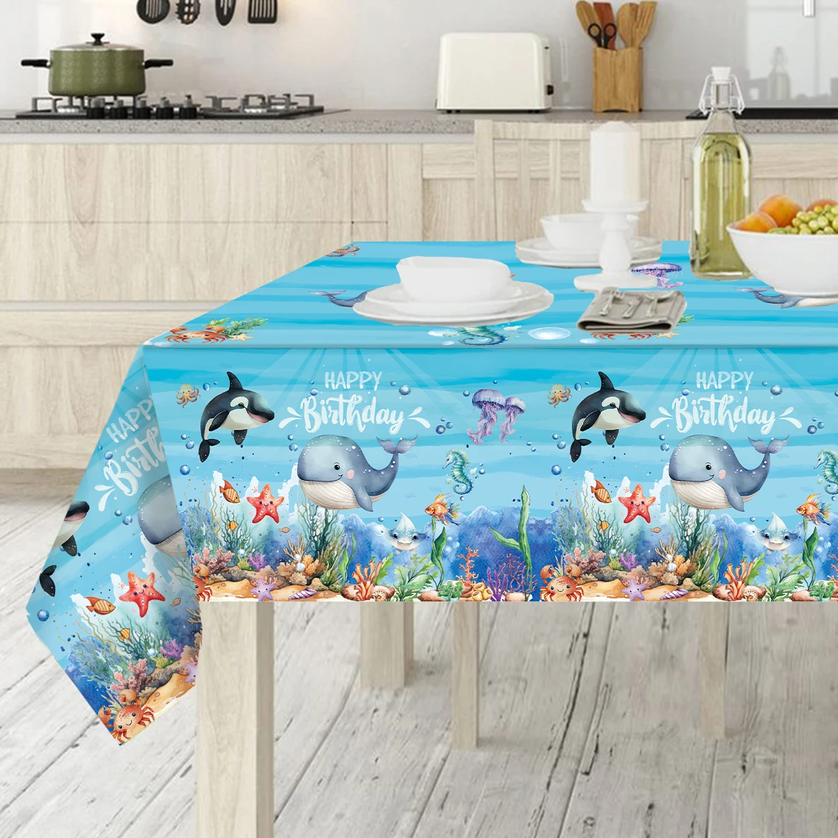 Blue Ocean Animal Birthday PE Tablecloth Under The Sea Theme Birthday Party Decorations Kids Adults Kitchen Dining Table Covers