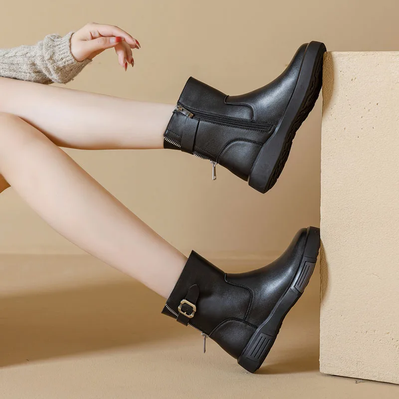 DRKANOL النساء منتصف العجل أحذية الخريف الشتاء تصميم جديد شقة جلد البقر الحقيقي جولة تو سستة منصة عادية أفخم الاتجاه الدافئ الأحذية #5