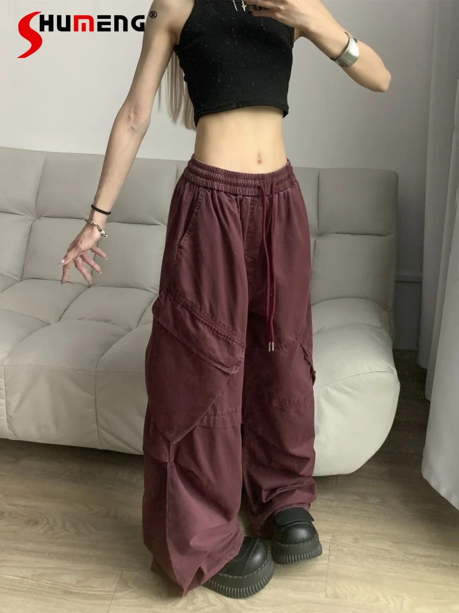 

Street Hiphop Girl Washed Distressed Overalls Baggy 2024 Spring New Loose Elastic High Waist Trousers Female Wide Leg Pants